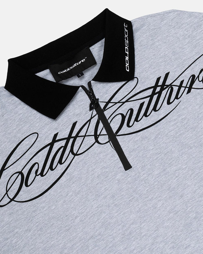 HEAT GYM POLO GREY - grey zip polo shirt, detail close-up - Cold Culture