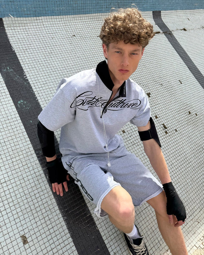 HEAT GYM POLO GREY - grey zip polo shirt, street style shot - Cold Culture