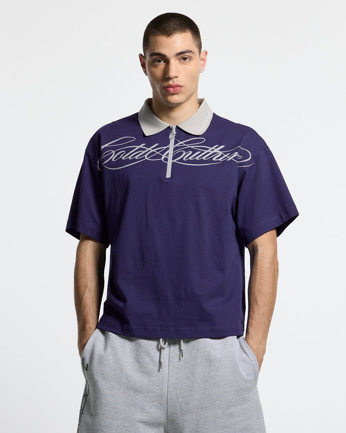 HEAT GYM POLO NAVY - navy zip polo shirt, front view on male model - Cold Culture