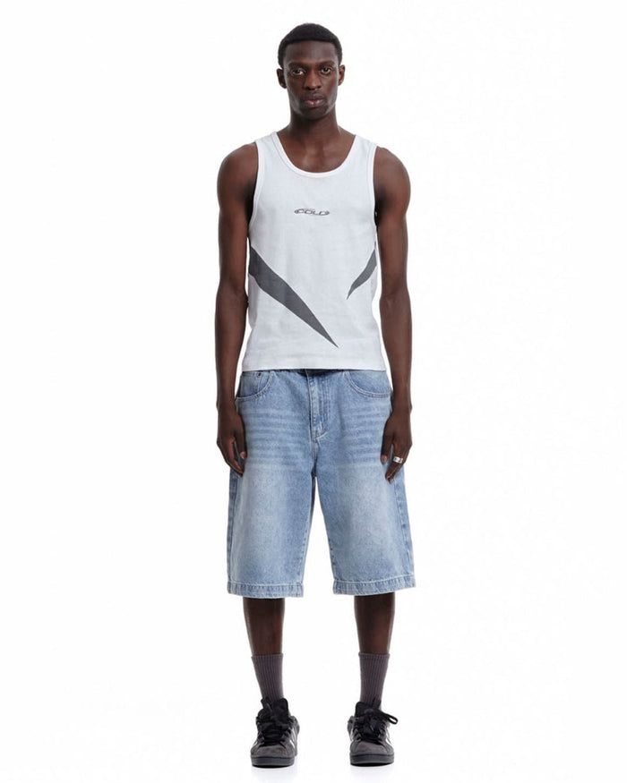HEIGHTS V2 SHORTS LIGHT WASHED DENIM - light washed denim shorts, front view on male model - Cold Culture #man