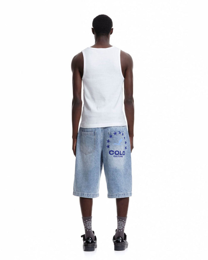 HEIGHTS V2 SHORTS LIGHT WASHED DENIM - light washed denim shorts, back view on male model - Cold Culture