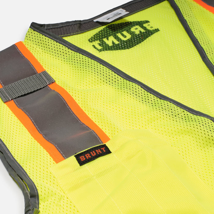 View 2 close up of the front of BRUNT hi-visibility ansi rated safety vest