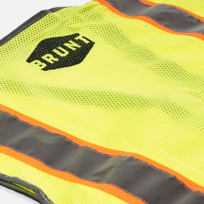Close up of the back of BRUNT hi-visibility ansi rated safety vest