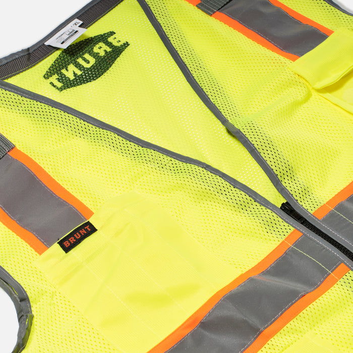 Close up of the front of BRUNT hi-visibility ansi rated safety vest