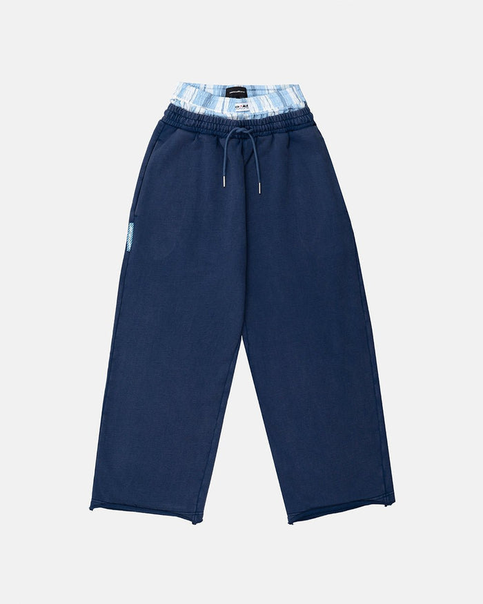 HIDE AND SEEK SWEATPANTS NAVY - navy double waistband sweatpants, front view - Cold Culture