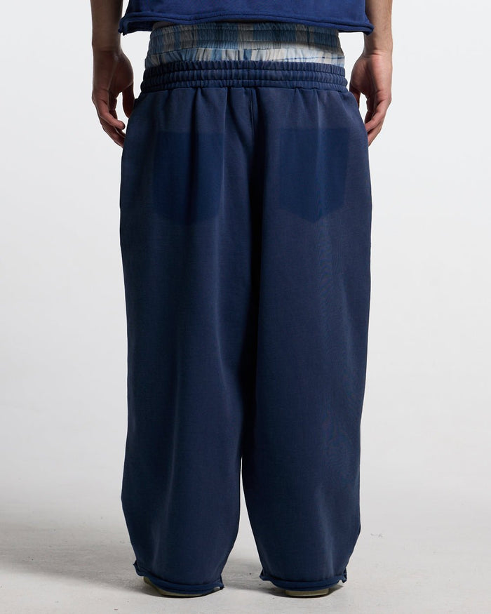 HIDE AND SEEK SWEATPANTS NAVY - navy double waistband sweatpants, back view on male model - Cold Culture #man
