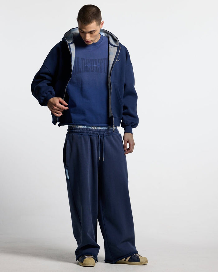 HIDE AND SEEK SWEATPANTS NAVY - navy double waistband sweatpants, front view on male model - Cold Culture #man