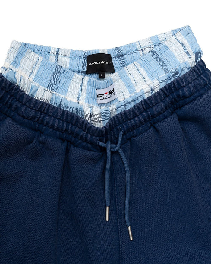 HIDE AND SEEK SWEATPANTS NAVY - navy double waistband sweatpants, detail close-up - Cold Culture