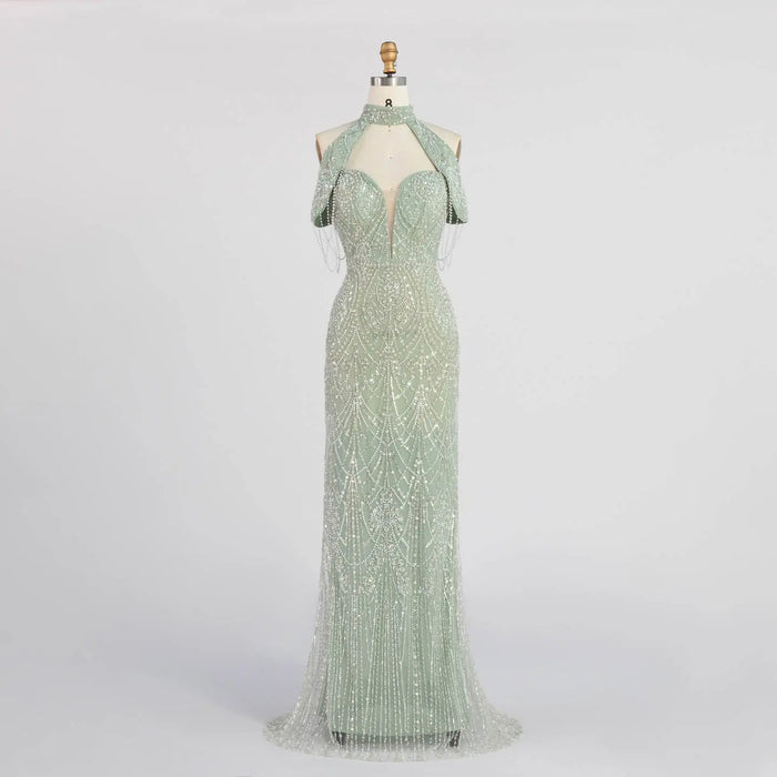 High Neck Cold Shoulder Beaded Sequin Evening Gown Tassel Fringe Formal Prom Dress ST005 Sheer Fairy