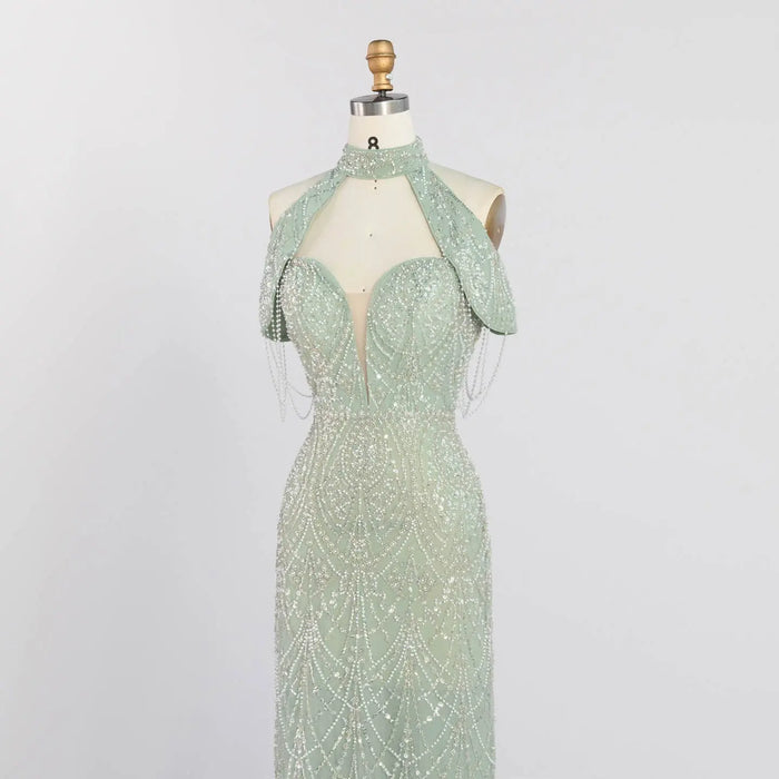 High Neck Cold Shoulder Beaded Sequin Evening Gown Tassel Fringe Formal Prom Dress ST005 Sheer Fairy