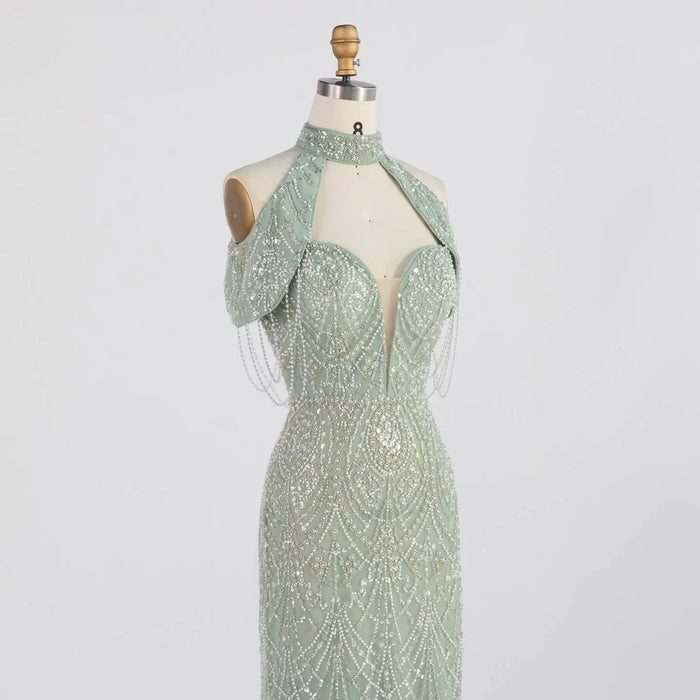 High Neck Cold Shoulder Beaded Sequin Evening Gown Tassel Fringe Formal Prom Dress ST005 Sheer Fairy