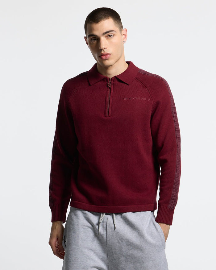 HIGHWAY QUARTER ZIP KNIT BURGUNDY - burgundy quarter-zip knit sweater, front view on male model - Cold Culture #man
