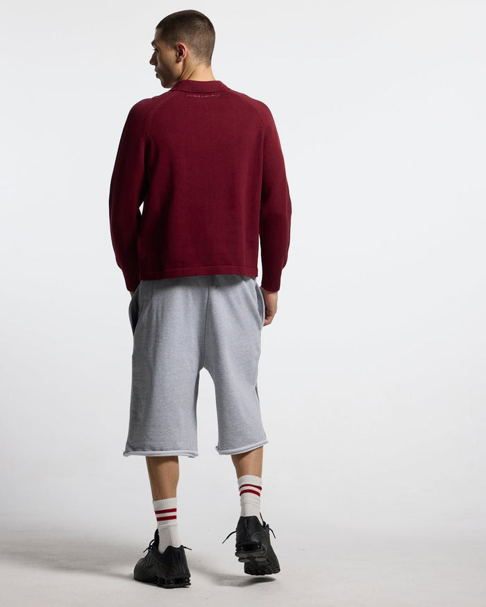 HIGHWAY QUARTER ZIP KNIT BURGUNDY - burgundy quarter-zip knit sweater, back view on male model - Cold Culture #man