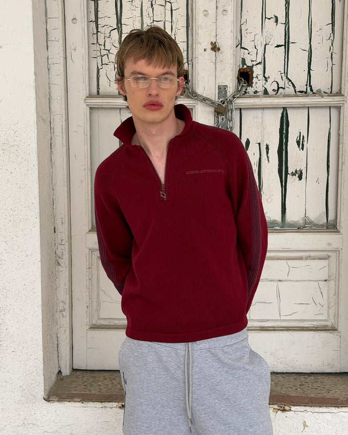 HIGHWAY QUARTER ZIP KNIT BURGUNDY - burgundy quarter-zip knit sweater, street style shot - Cold Culture