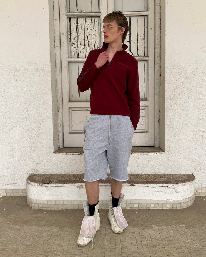 HIGHWAY QUARTER ZIP KNIT BURGUNDY - burgundy quarter-zip knit sweater, street style shot - Cold Culture