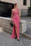 Hot Pink Beaded Striped Evening Dress One Shoulder Thigh Slit Prom Gown ST022 Sheer Fairy