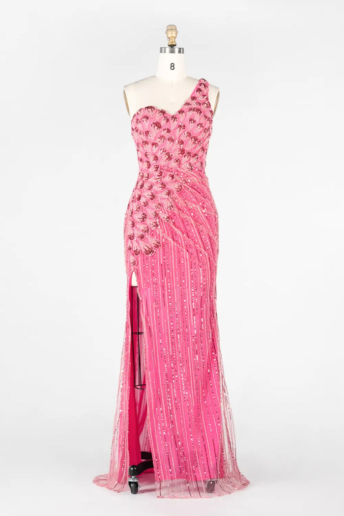 Hot Pink Beaded Striped Evening Dress One Shoulder Thigh Slit Prom Gown ST022 Sheer Fairy