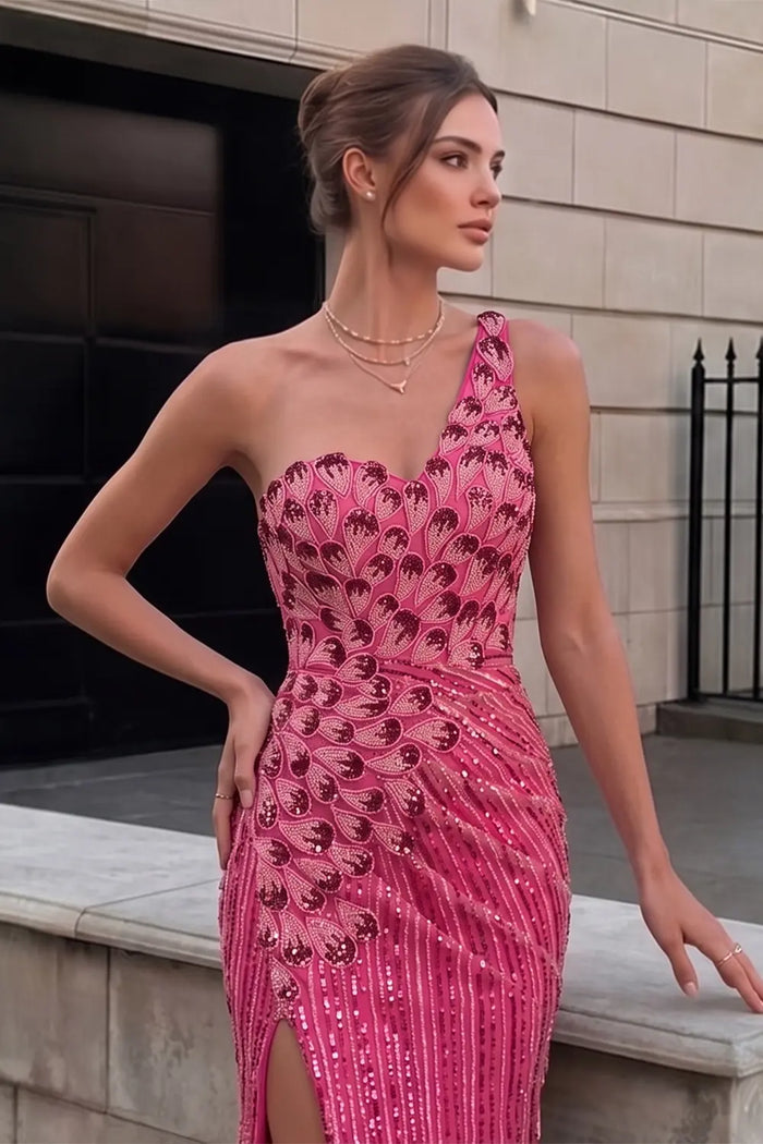 Hot Pink Beaded Striped Evening Dress One Shoulder Thigh Slit Prom Gown ST022 Sheer Fairy