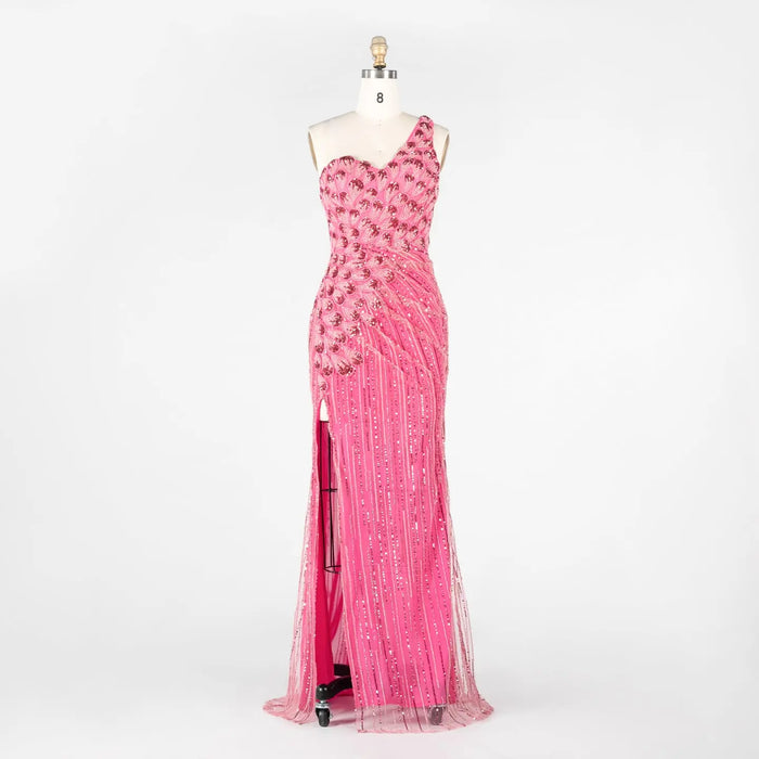 Hot Pink Beaded Striped Evening Dress One Shoulder Thigh Slit Prom Gown ST022 Sheer Fairy