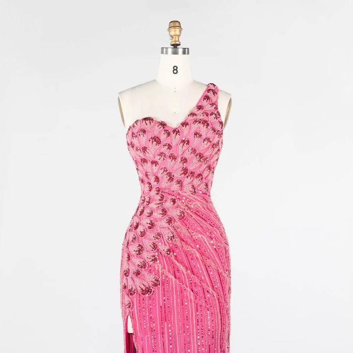 Hot Pink Beaded Striped Evening Dress One Shoulder Thigh Slit Prom Gown ST022 Sheer Fairy