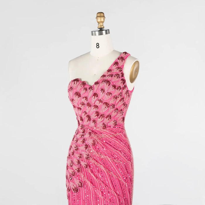 Hot Pink Beaded Striped Evening Dress One Shoulder Thigh Slit Prom Gown ST022 Sheer Fairy