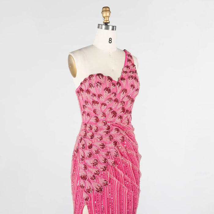 Hot Pink Beaded Striped Evening Dress One Shoulder Thigh Slit Prom Gown ST022 Sheer Fairy