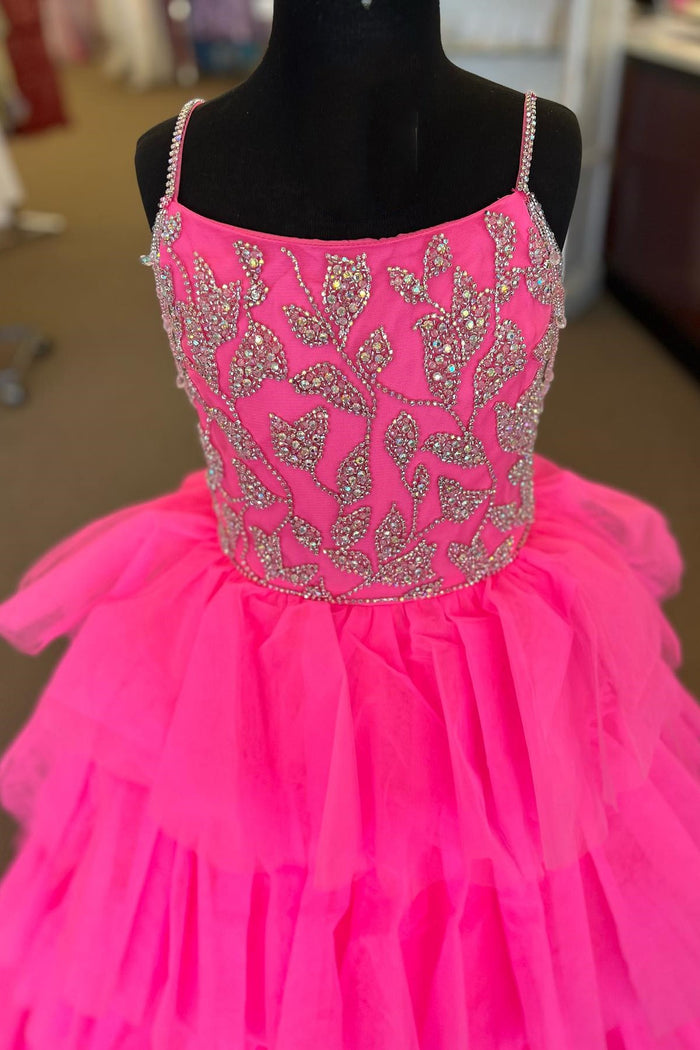 Hot Pink Beaded Tiered Long Girl Pageant Dress