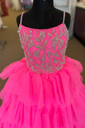 Hot Pink Beaded Tiered Long Girl Pageant Dress
