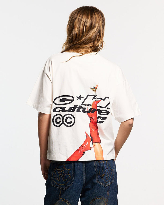 I SWEAR ITS WATER TEE WHITE - white graphic print tee, back view on female model - Cold Culture #woman