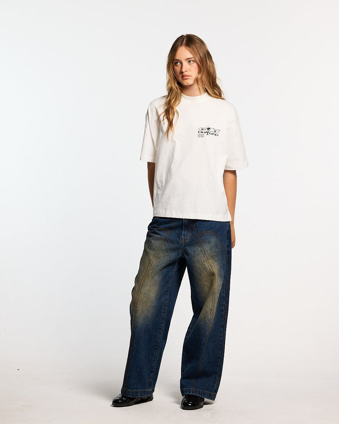 I SWEAR ITS WATER TEE WHITE - white graphic print tee, front view on female model - Cold Culture #woman