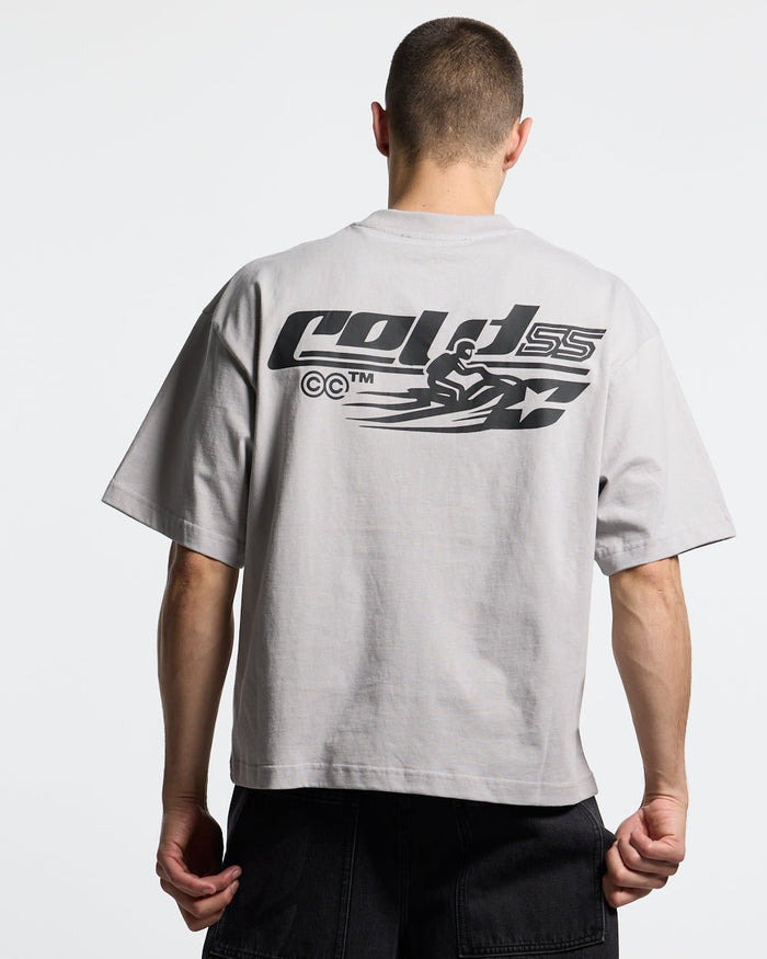 JET SKI TEE LIGHT GREY - light grey graphic print tee, back view on male model - Cold Culture #man