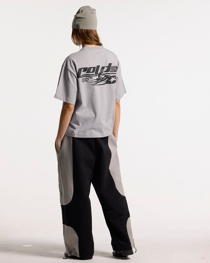 JET SKI TEE LIGHT GREY - light grey graphic print tee, back view on female model - Cold Culture #woman