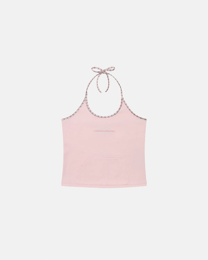 KANGAROO TANK TOP BABY PINK - baby pink halter tank top, front view - Cold Culture