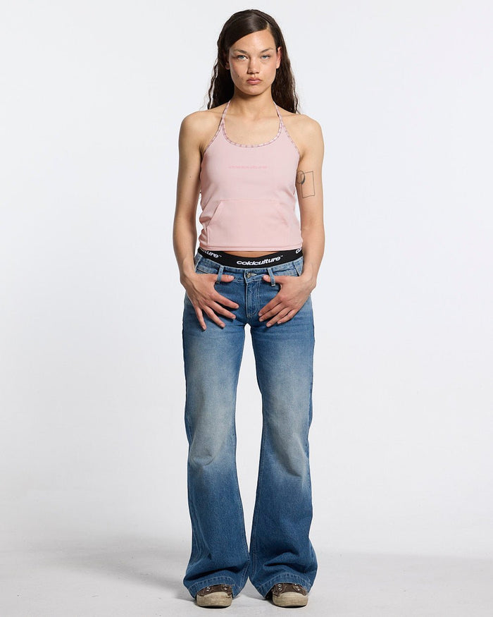KANGAROO TANK TOP BABY PINK - baby pink halter tank top, front view on female model - Cold Culture