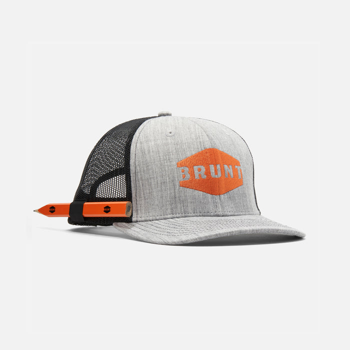 View 1 45 degree angle of front of kids curved brim work hat with built in pencil holder and BRUNT logo in grey