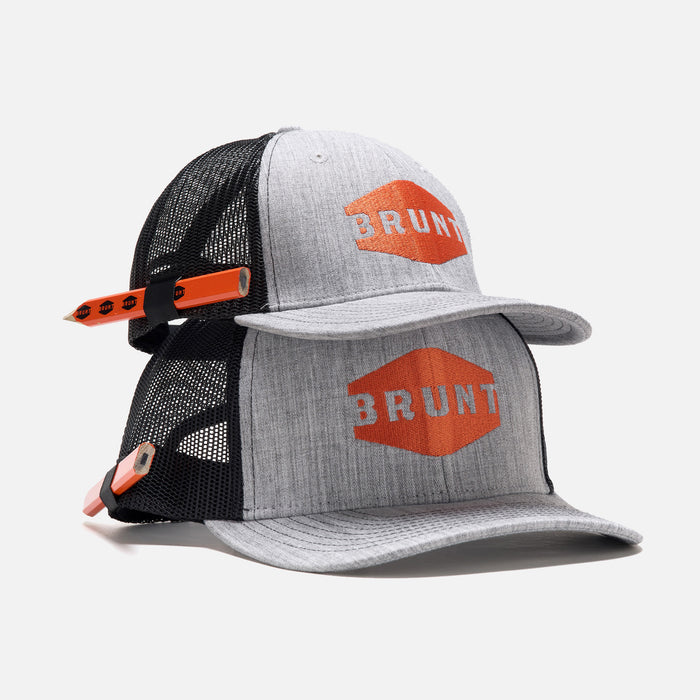Kids curved brim work hat with built in pencil holder and BRUNT logo in grey