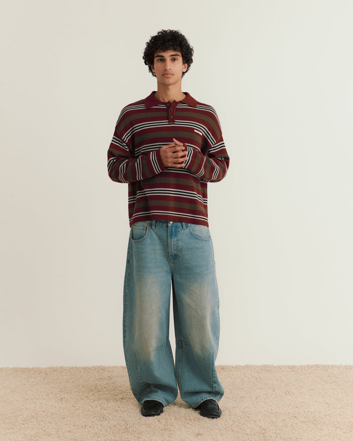 Knit Polo Sweater | Maroon Stripe