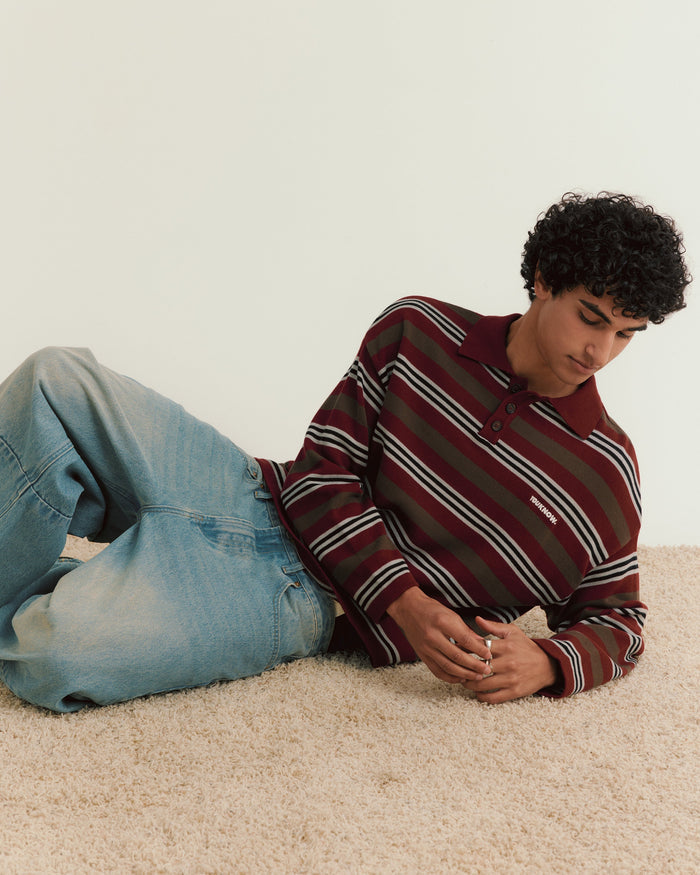 Knit Polo Sweater | Maroon Stripe