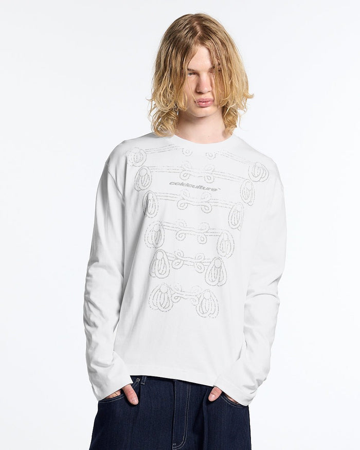 KNOTTING HILL LONGSLEEVE WHITE - white embroidered longsleeve tee, front view on male model - Cold Culture #man