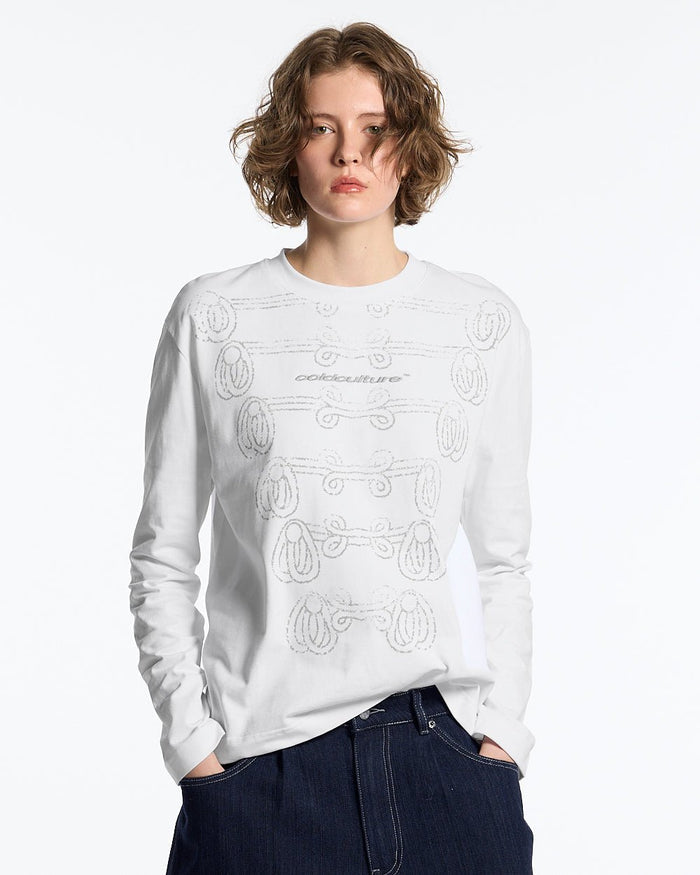 KNOTTING HILL LONGSLEEVE WHITE - white embroidered longsleeve tee, front view on female model - Cold Culture #woman