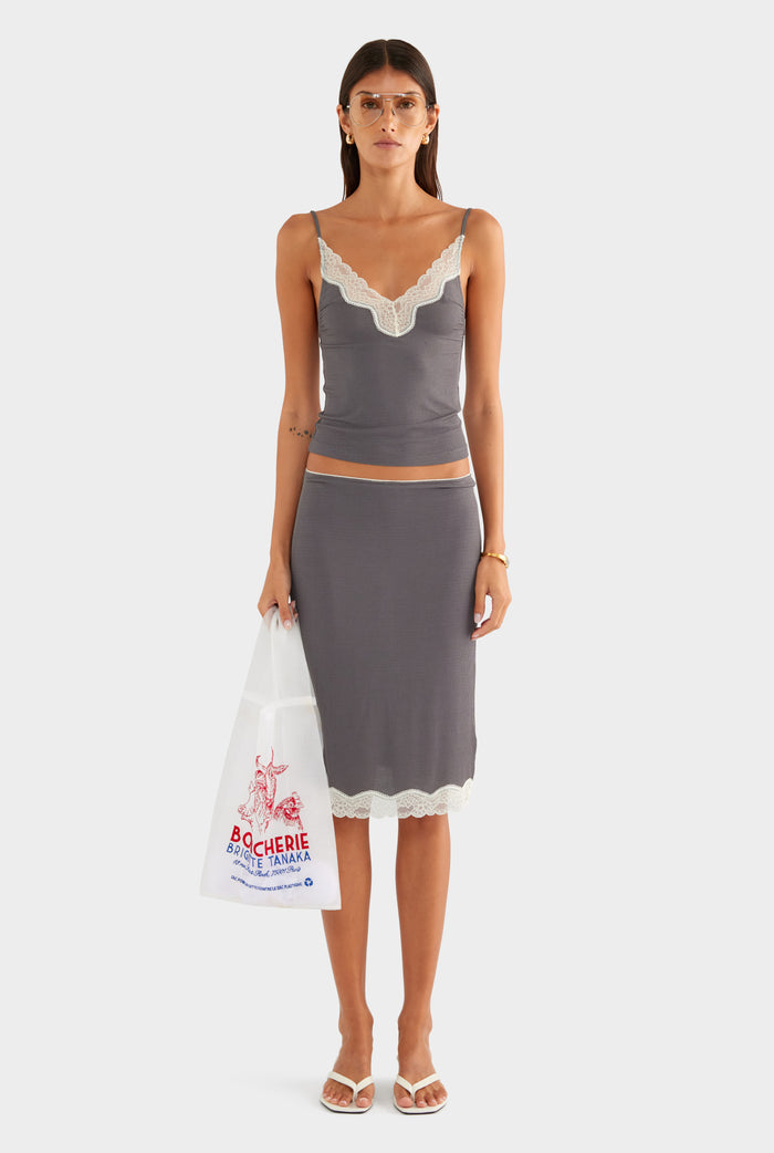 Lace Rib Midi Skirt - Dark Grey/Antique White - XS