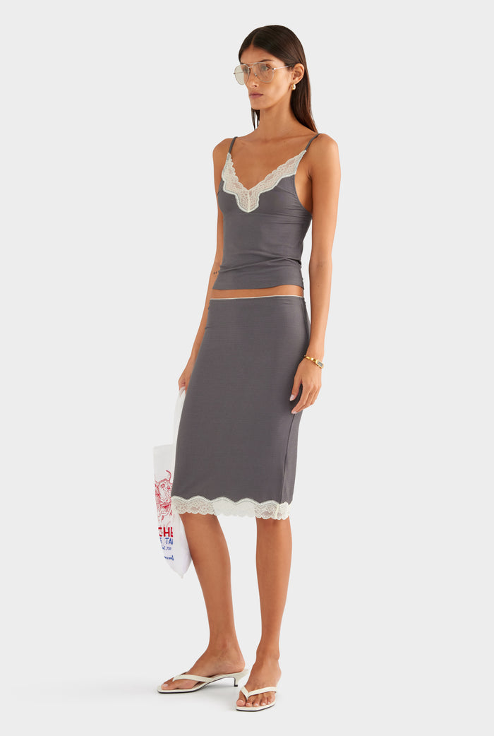 Lace Rib Midi Skirt - Dark Grey/Antique White - XS