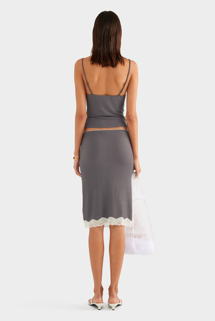 Lace Rib Midi Skirt - Dark Grey/Antique White - XS