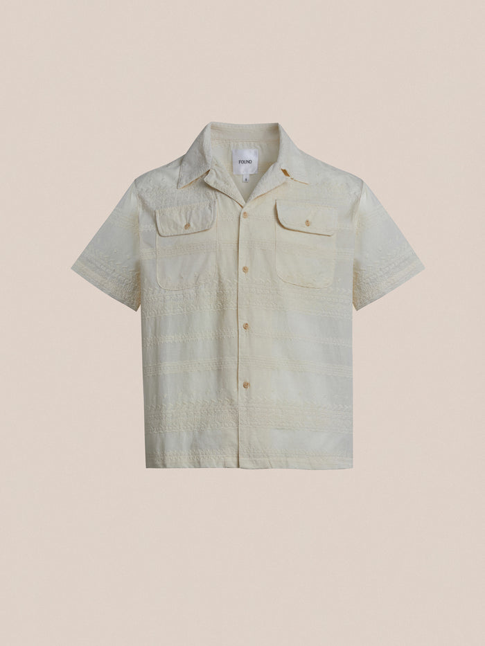 The men's short sleeve Lace SS Camp Shirt in beige from Found features delicate lace detailing.