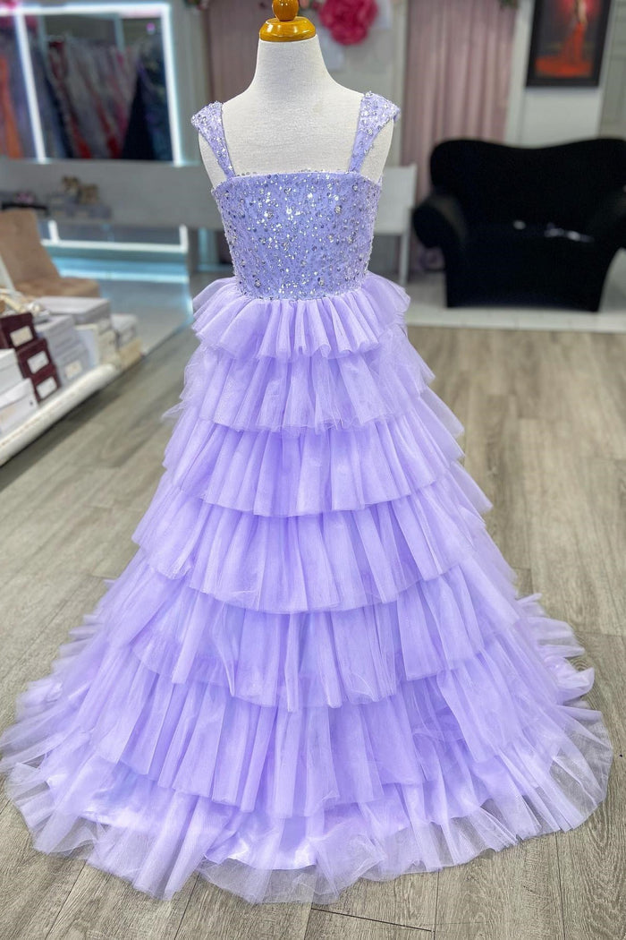 Lavender Straps A-Line Tiered Long Girl Pageant Dress with Ruffles