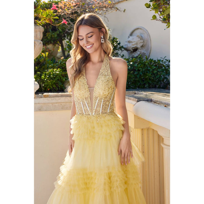LAYERED HALTER WITH STRUCTURED SILHOUETTE