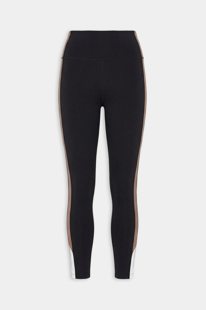 The SPLITS59 Layla Airweight High Waist 7/8 legging in Black/Lentil features soft Airweight fabric and brown and white side panels—ideal for hot yoga. Shown on a plain white background.