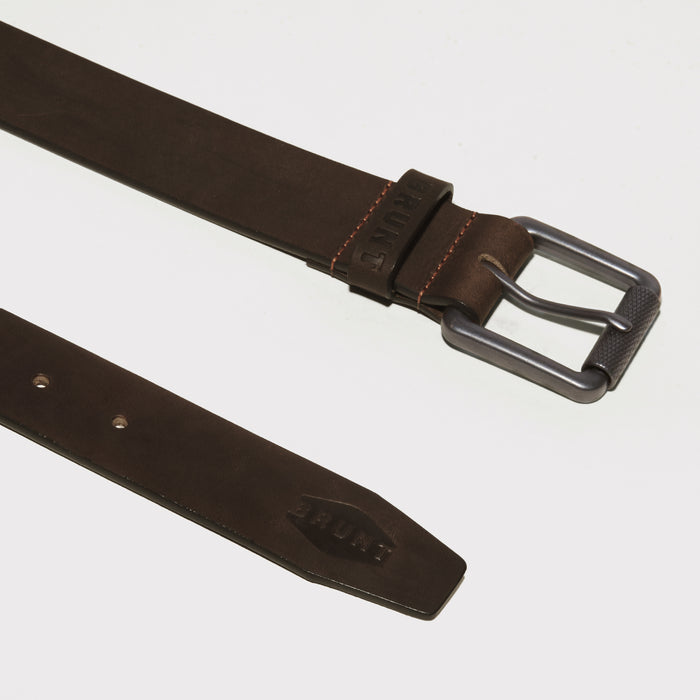 View 1 buckle and end of leather belt with orange stitching and embossed BRUNT logo in brown * 0