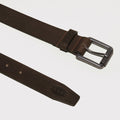 View 1 buckle and end of leather belt with orange stitching and embossed BRUNT logo in brown * 0