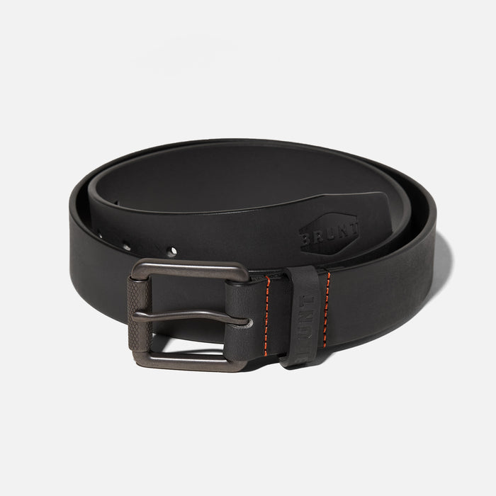 Leather belt with orange stitching and embossed BRUNT logo in black rolled up * 1